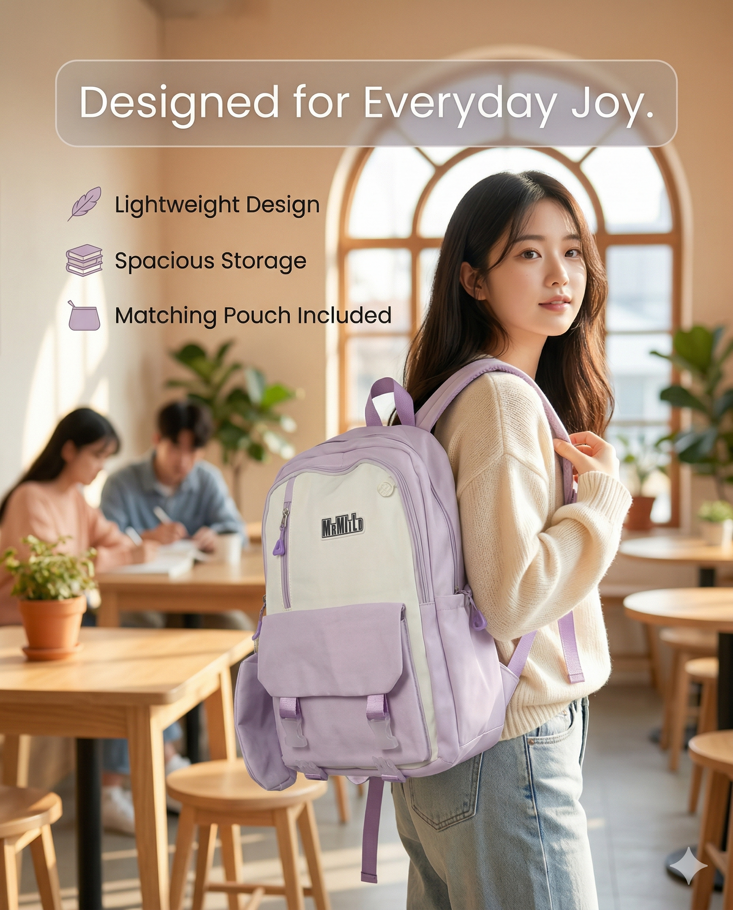 Korean Aesthetic Backpack for Girls with Detachable Pouch β Waterproof School & College Laptop Bag (34L, Purple White) (Sponsor)