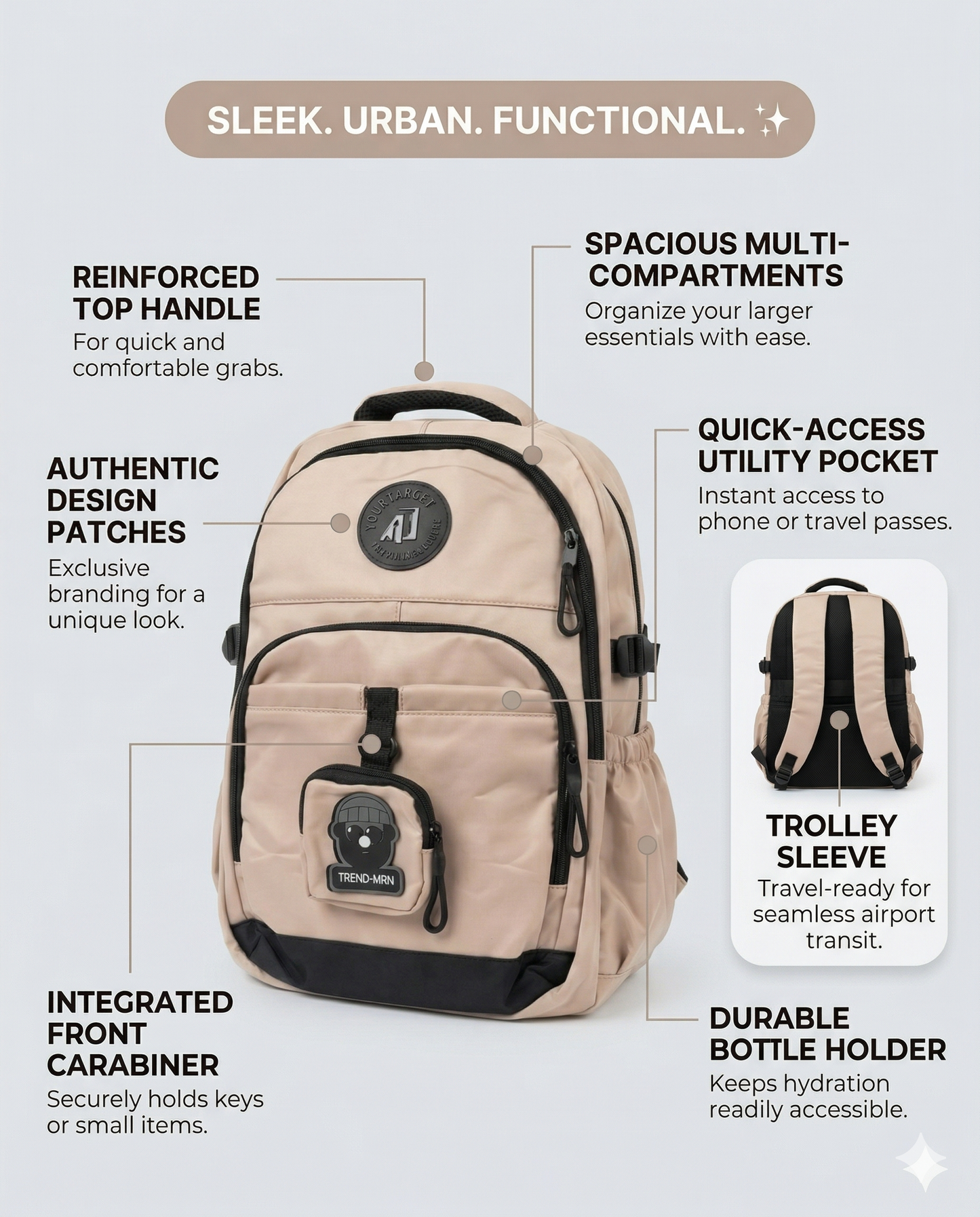 Beige Urban Backpack – Waterproof Multi-Compartment Laptop Bag (34L)