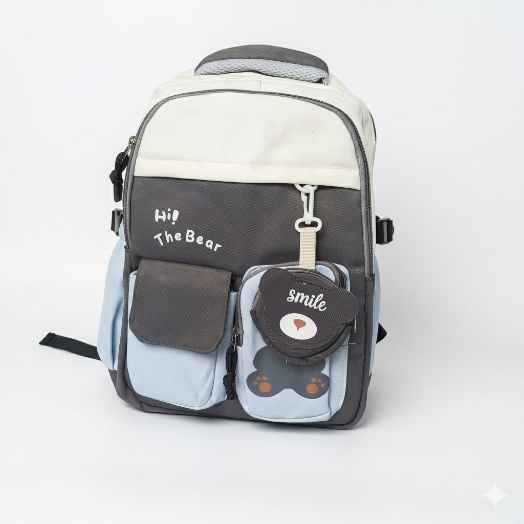 Cute Korean Bear Backpack for Kids & School – Waterproof Multi Pocket Laptop Bag (30L)
