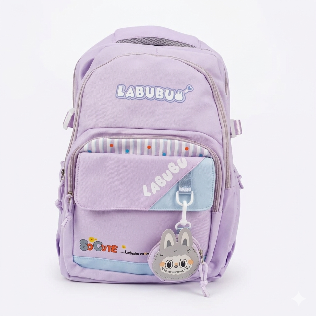 Cute Purple Labubu Backpack for Girls – 34L Water Resistant School & College Bag with Charm, Multi Compartments & Soft Fabric