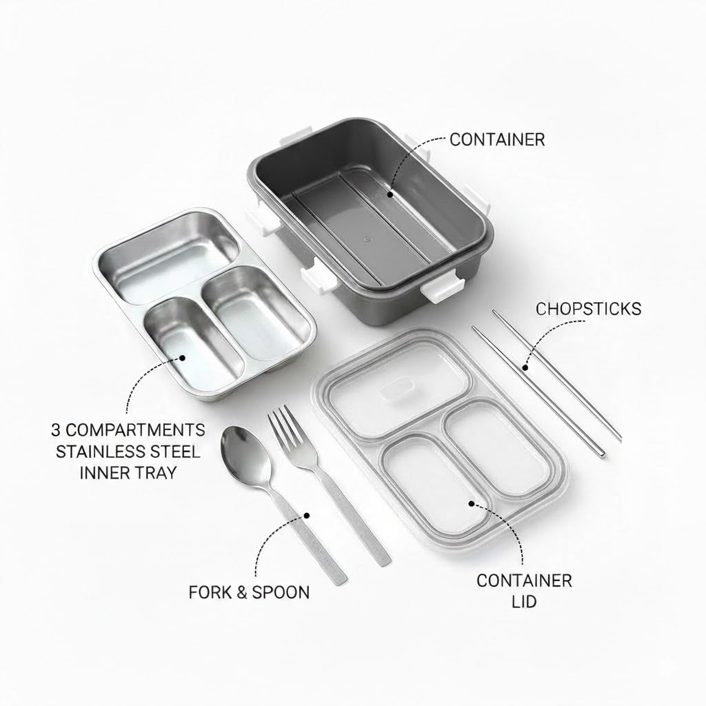 rightchoice4u@ 3 Compartment Lunch Box Insulated Air Tight and Portable Utensils, Stainless Steel 100% Leak Proof with a Fork, a Spoon and a Pair of Chopsticks for School Kids -750Ml (Silver)