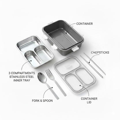 rightchoice4u@ 3 Compartment Lunch Box Insulated Air Tight and Portable Utensils, Stainless Steel 100% Leak Proof with a Fork, a Spoon and a Pair of Chopsticks for School Kids -750Ml (Silver)
