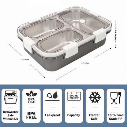 rightchoice4u@ 3 Compartment Lunch Box Insulated Air Tight and Portable Utensils, Stainless Steel 100% Leak Proof with a Fork, a Spoon and a Pair of Chopsticks for School Kids -750Ml (Silver)