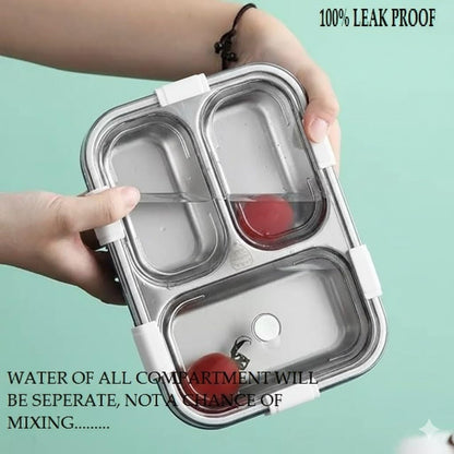 rightchoice4u@ 3 Compartment Lunch Box Insulated Air Tight and Portable Utensils, Stainless Steel 100% Leak Proof with a Fork, a Spoon and a Pair of Chopsticks for School Kids -750Ml (Silver)