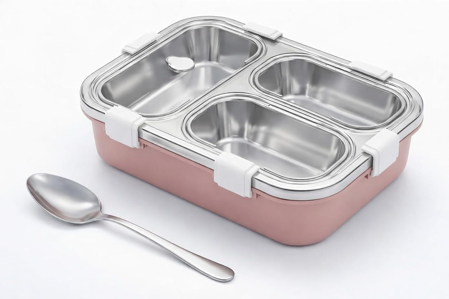 rightchoice4u@ 3 Compartment Lunch Box Insulated Air Tight and Portable Utensils, Stainless Steel 100% Leak Proof with a Fork, a Spoon and a Pair of Chopsticks for School Kids -750Ml (Silver)