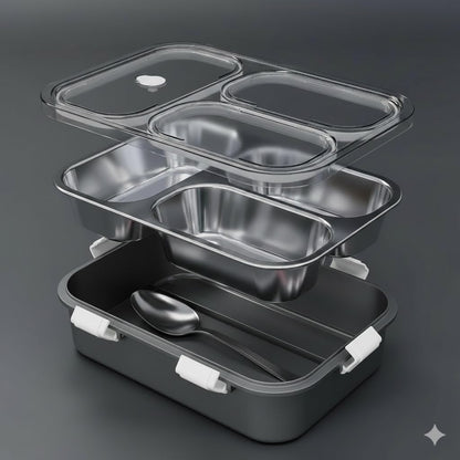 rightchoice4u@ 3 Compartment Lunch Box Insulated Air Tight and Portable Utensils, Stainless Steel 100% Leak Proof with a Fork, a Spoon and a Pair of Chopsticks for School Kids -750Ml (Silver)