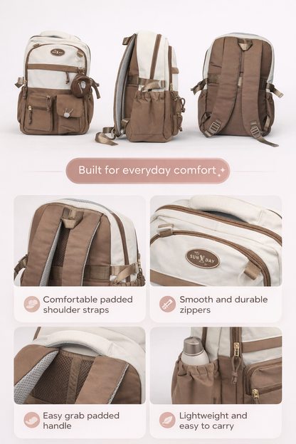 Minimal Everyday Backpack – Brown & Beige Multi Pocket Bag