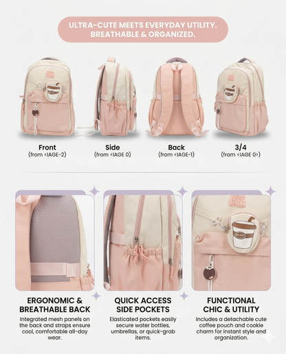Cute Coffee Charm Backpack – Pink Aesthetic School & College Bag (Sponsor)