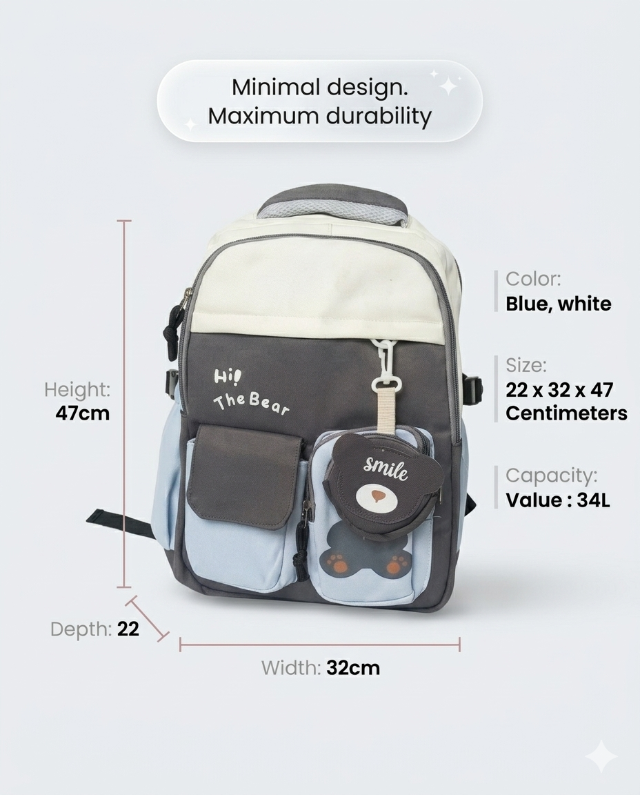 Cute Korean Bear Backpack for Kids & School – Waterproof Multi Pocket Laptop Bag (30L)