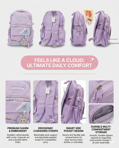 Cute Purple Labubu Backpack for Girls – 34L Water Resistant School & College Bag with Charm, Multi Compartments & Soft Fabric