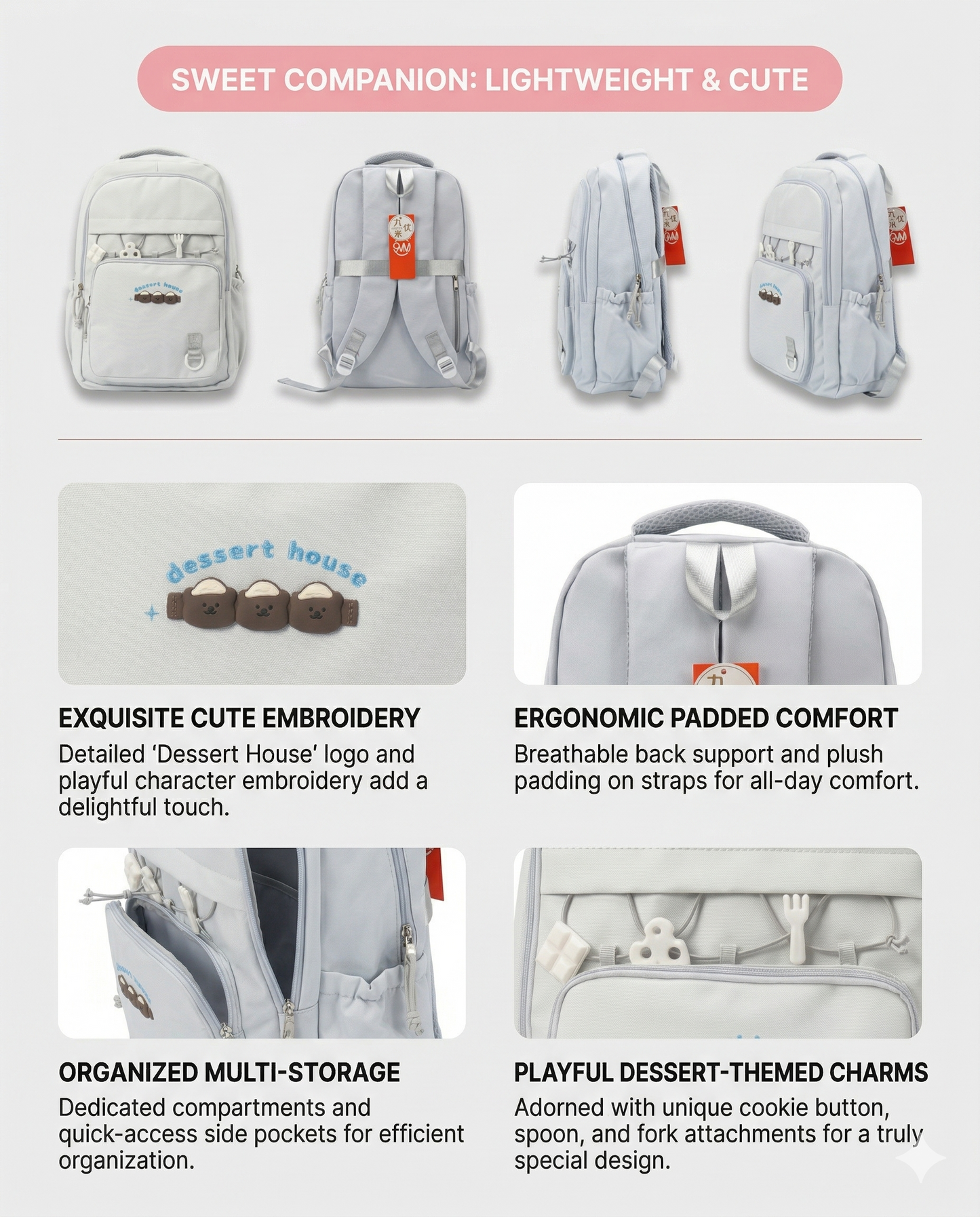 Cute Dessert Backpack – Lightweight Multi-Compartment School Bag (34L)