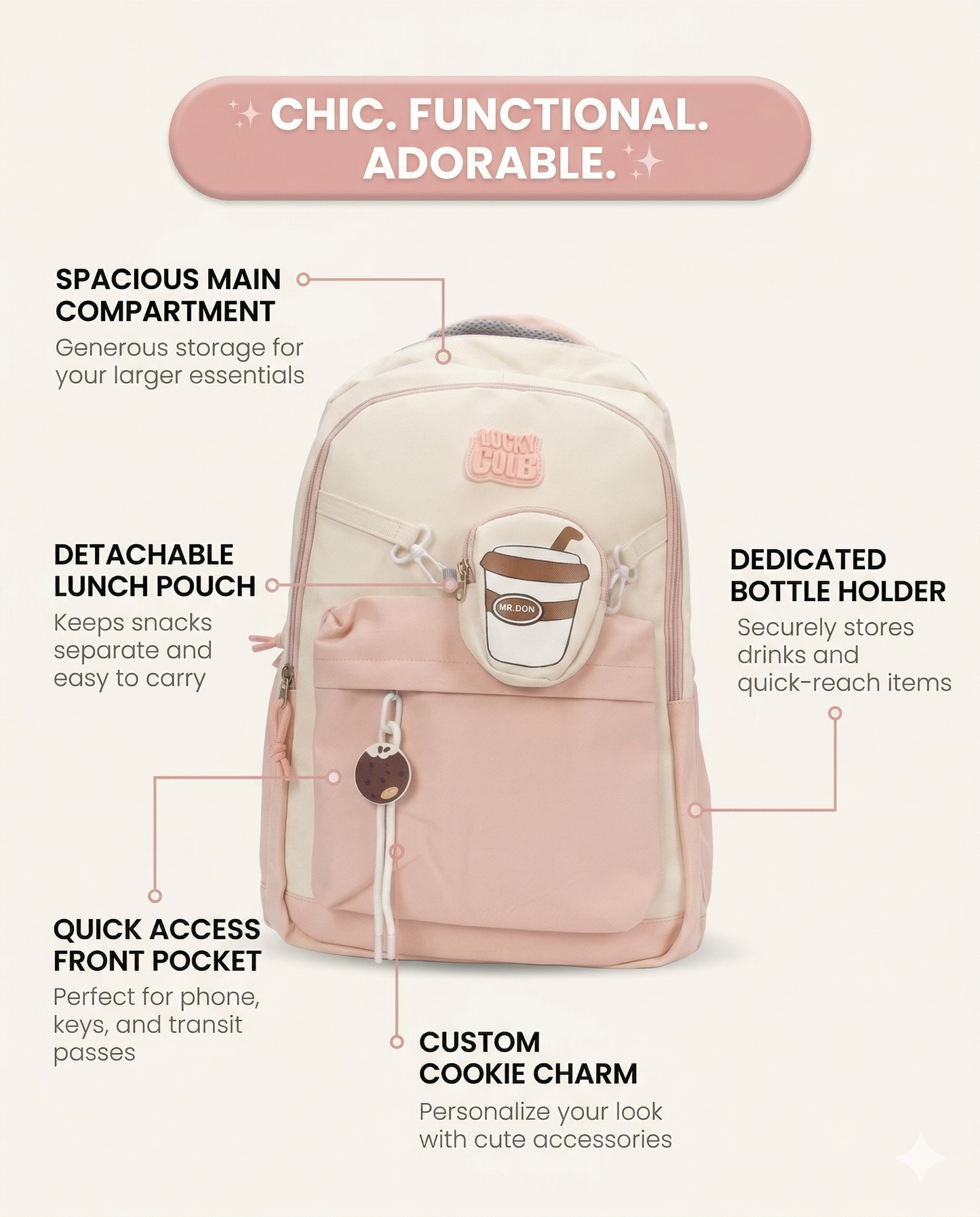 Cute Coffee Charm Backpack – Pink Aesthetic School & College Bag (Sponsor)
