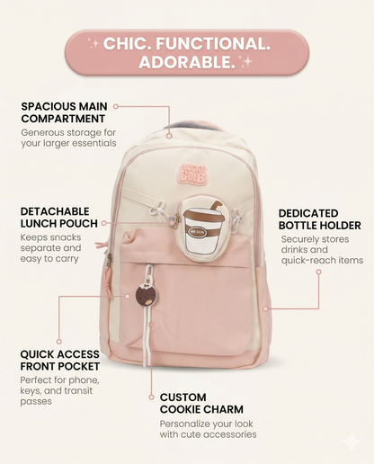 Cute Coffee Charm Backpack – Pink Aesthetic School & College Bag (Sponsor)