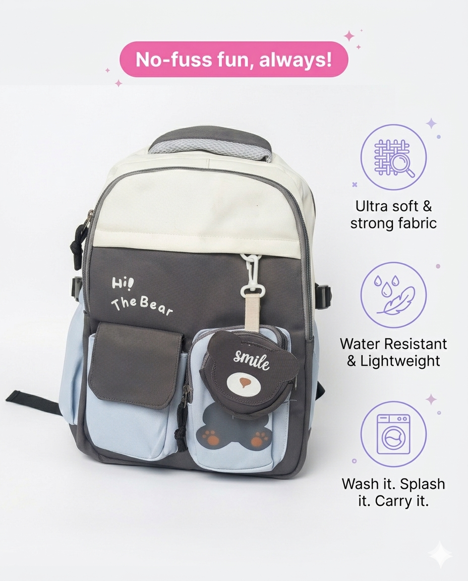 Cute Korean Bear Backpack for Kids & School – Waterproof Multi Pocket Laptop Bag (30L)