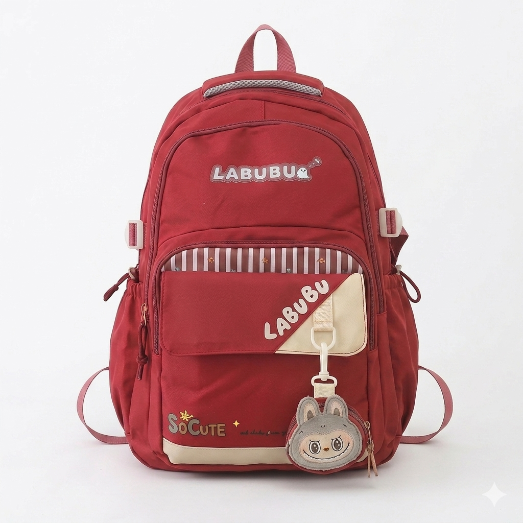Cute Purple Labubu Backpack for Girls – 34L Water Resistant School & College Bag with Charm, Multi Compartments & Soft Fabric