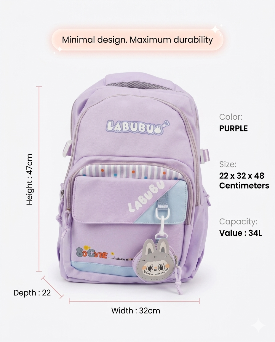 Cute Purple Labubu Backpack for Girls – 34L Water Resistant School & College Bag with Charm, Multi Compartments & Soft Fabric