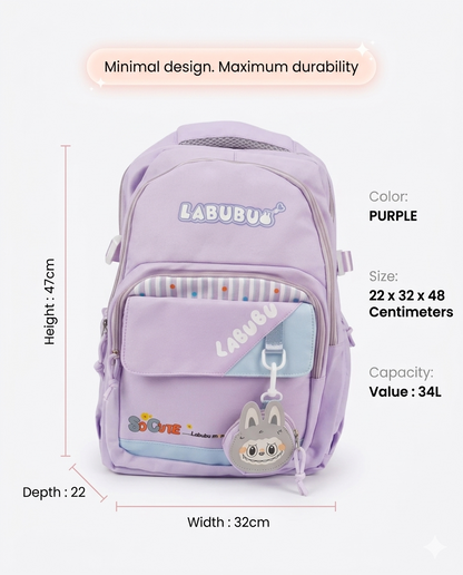 Cute Purple Labubu Backpack for Girls – 34L Water Resistant School & College Bag with Charm, Multi Compartments & Soft Fabric