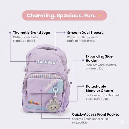 Cute Purple Labubu Backpack for Girls – 34L Water Resistant School & College Bag with Charm, Multi Compartments & Soft Fabric