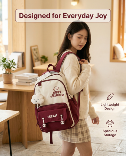Cute Dream Backpack – Red & Beige Aesthetic School Bag