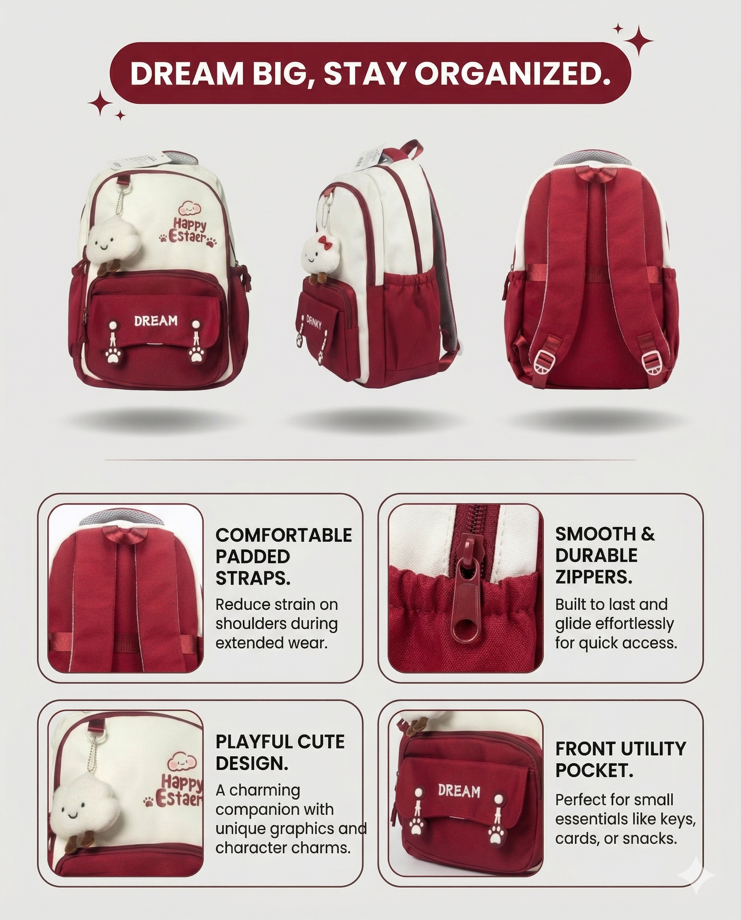 Cute Dream Backpack – Red & Beige Aesthetic School Bag
