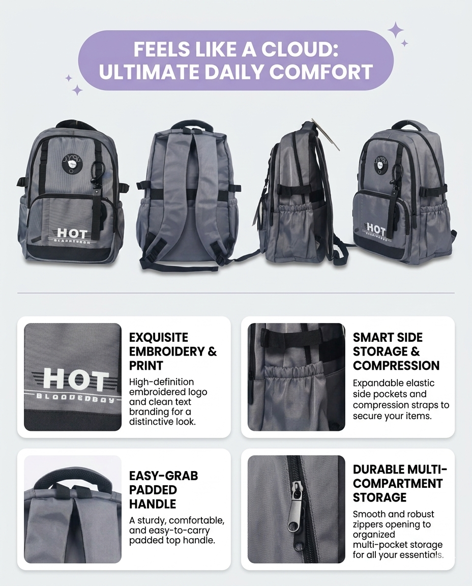 Urban Grey Backpack – Waterproof Multi-Compartment Laptop Bag (34L)