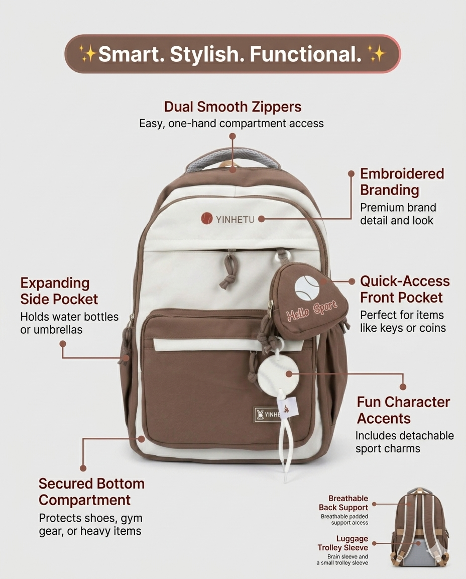 Premium Aesthetic Backpack with Pouch – Water Resistant Laptop School & College Bag (34L)