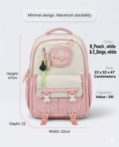 Cute Korean Aesthetic Backpack with Pouch – Waterproof School & College Bag (34L)