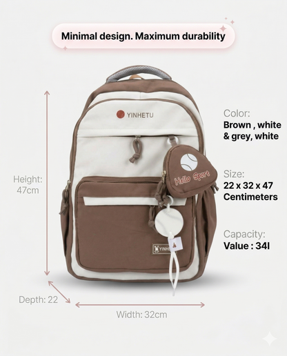 Premium Aesthetic Backpack with Pouch – Water Resistant Laptop School & College Bag (34L)
