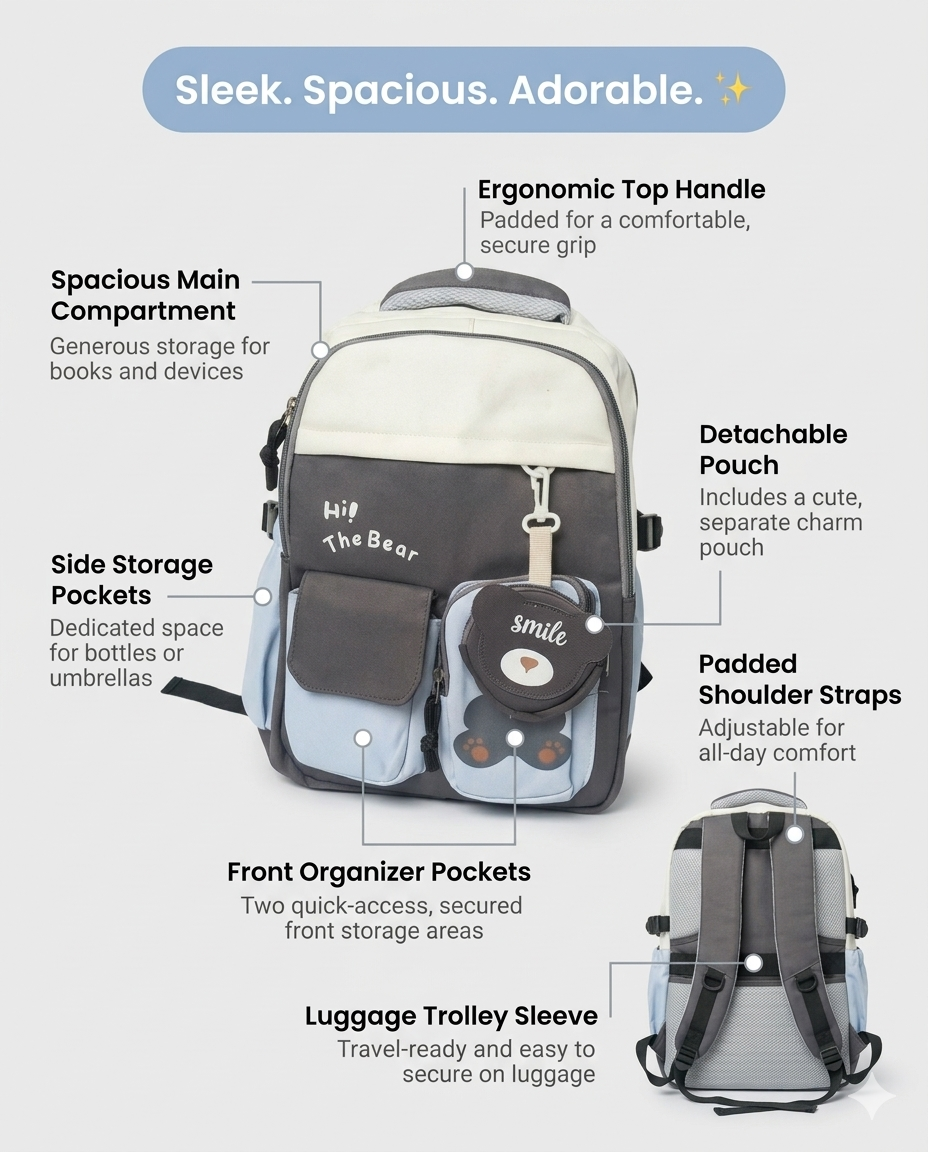 Cute Korean Bear Backpack for Kids & School – Waterproof Multi Pocket Laptop Bag (30L)
