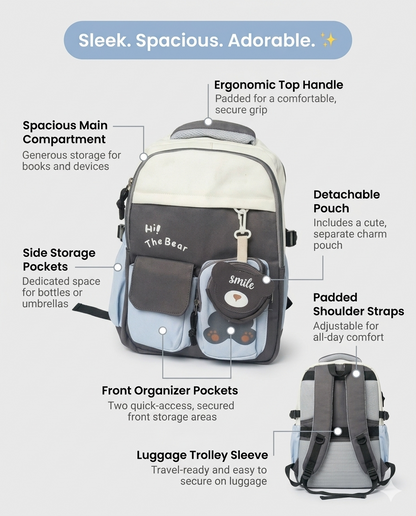 Cute Korean Bear Backpack for Kids & School – Waterproof Multi Pocket Laptop Bag (30L)
