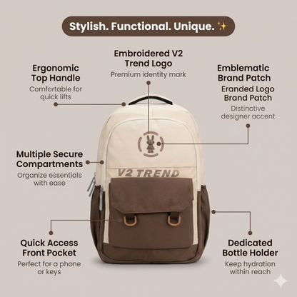Stylish Brown Cream Backpack for Men & Women – 34L Water Resistant College & Travel Laptop Bag (V2 Trend Design)