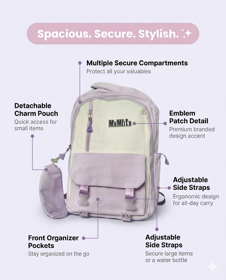Korean Aesthetic Backpack for Girls with Detachable Pouch – Waterproof School & College Laptop Bag (34L, Purple White) (Sponsor)