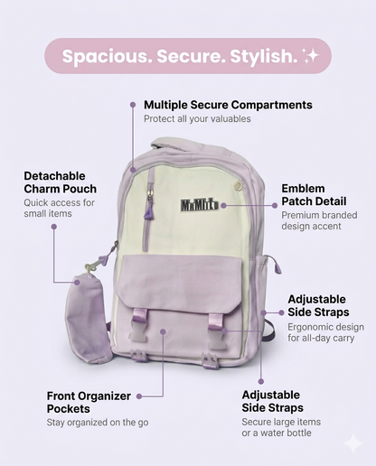 Korean Aesthetic Backpack for Girls with Detachable Pouch – Waterproof School & College Laptop Bag (34L, Purple White) (Sponsor)