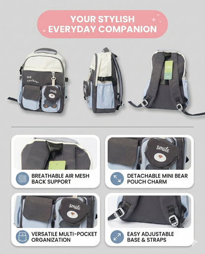 Cute Korean Bear Backpack for Kids & School – Waterproof Multi Pocket Laptop Bag (30L)