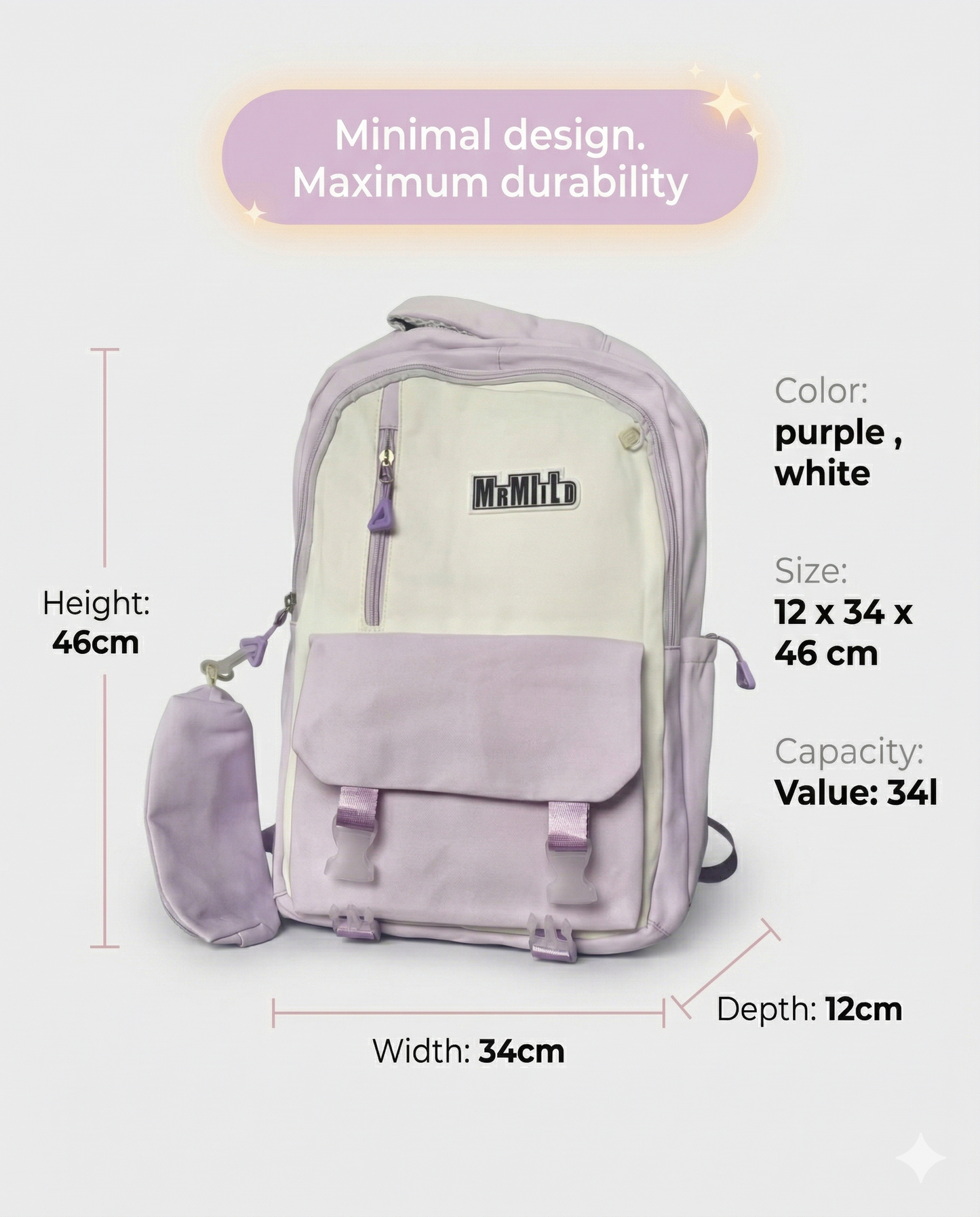 Korean Aesthetic Backpack for Girls with Detachable Pouch – Waterproof School & College Laptop Bag (34L, Purple White) (Sponsor)