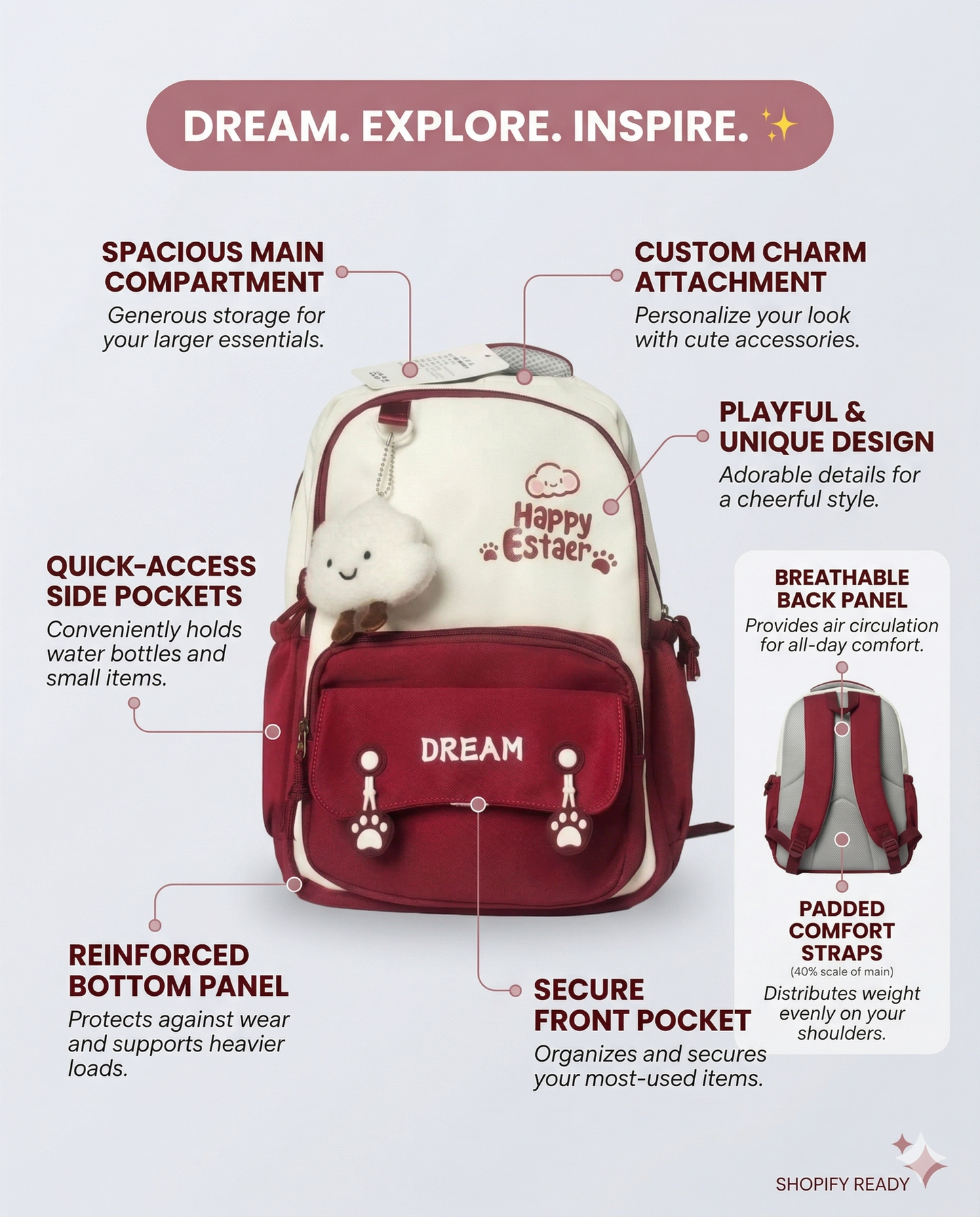 Cute Dream Backpack – Red & Beige Aesthetic School Bag