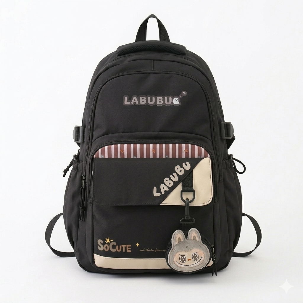 Cute Purple Labubu Backpack for Girls – 34L Water Resistant School & College Bag with Charm, Multi Compartments & Soft Fabric