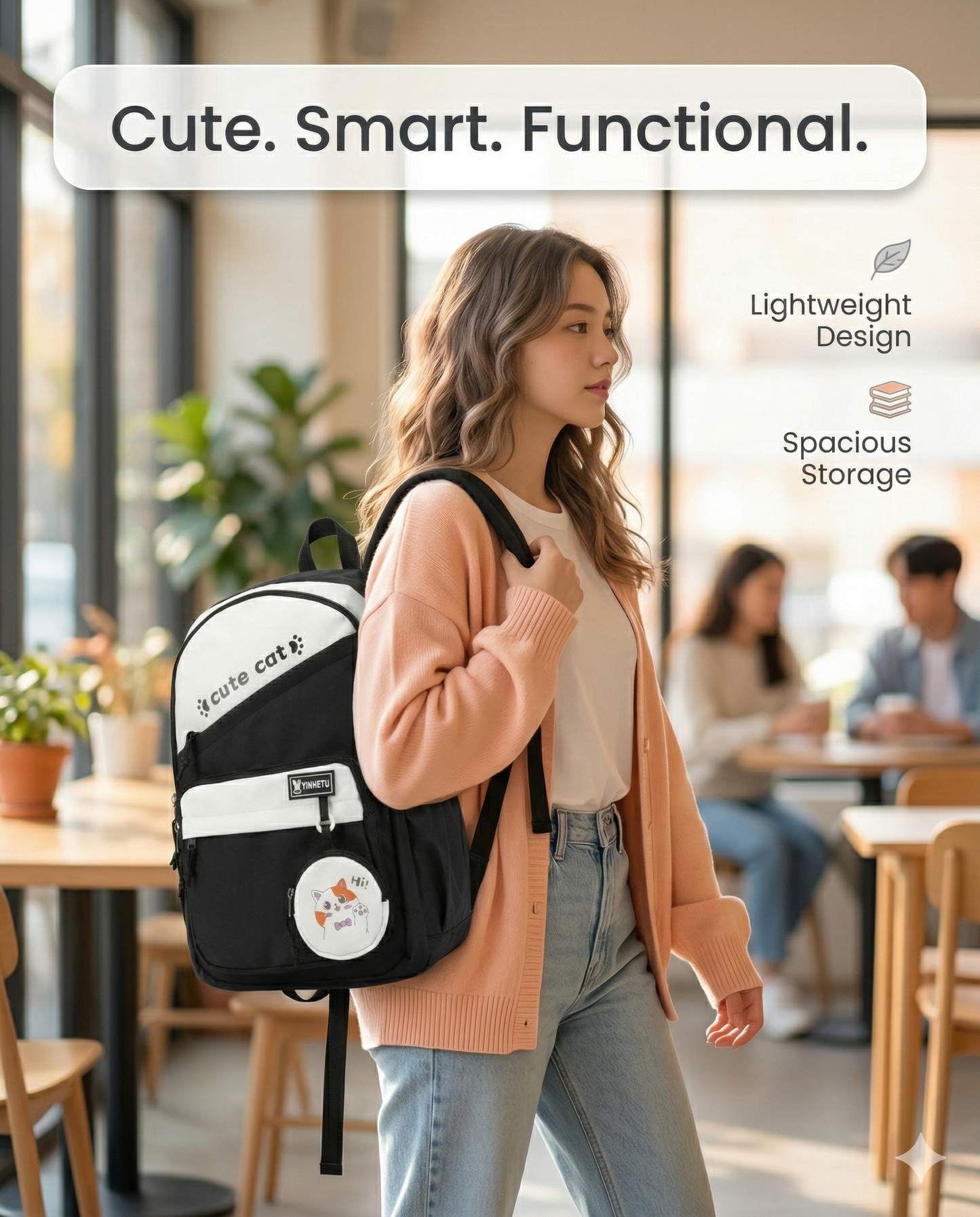 Cute Cat Korean Style Backpack for Girls – Waterproof Aesthetic School, College & Travel Bag with Multi-Compartments (30L)