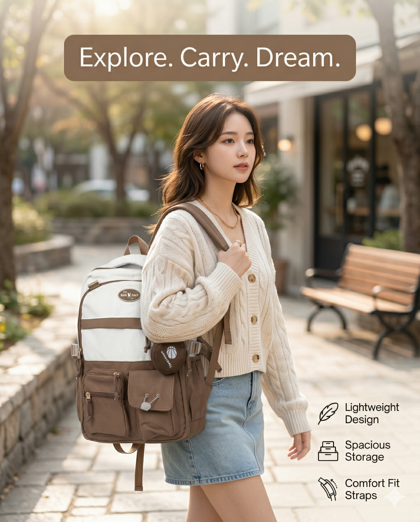 Minimal Everyday Backpack – Brown & Beige Multi Pocket Bag