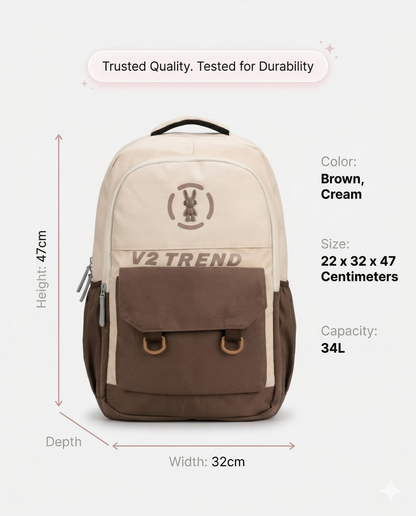 Stylish Brown Cream Backpack for Men & Women – 34L Water Resistant College & Travel Laptop Bag (V2 Trend Design)