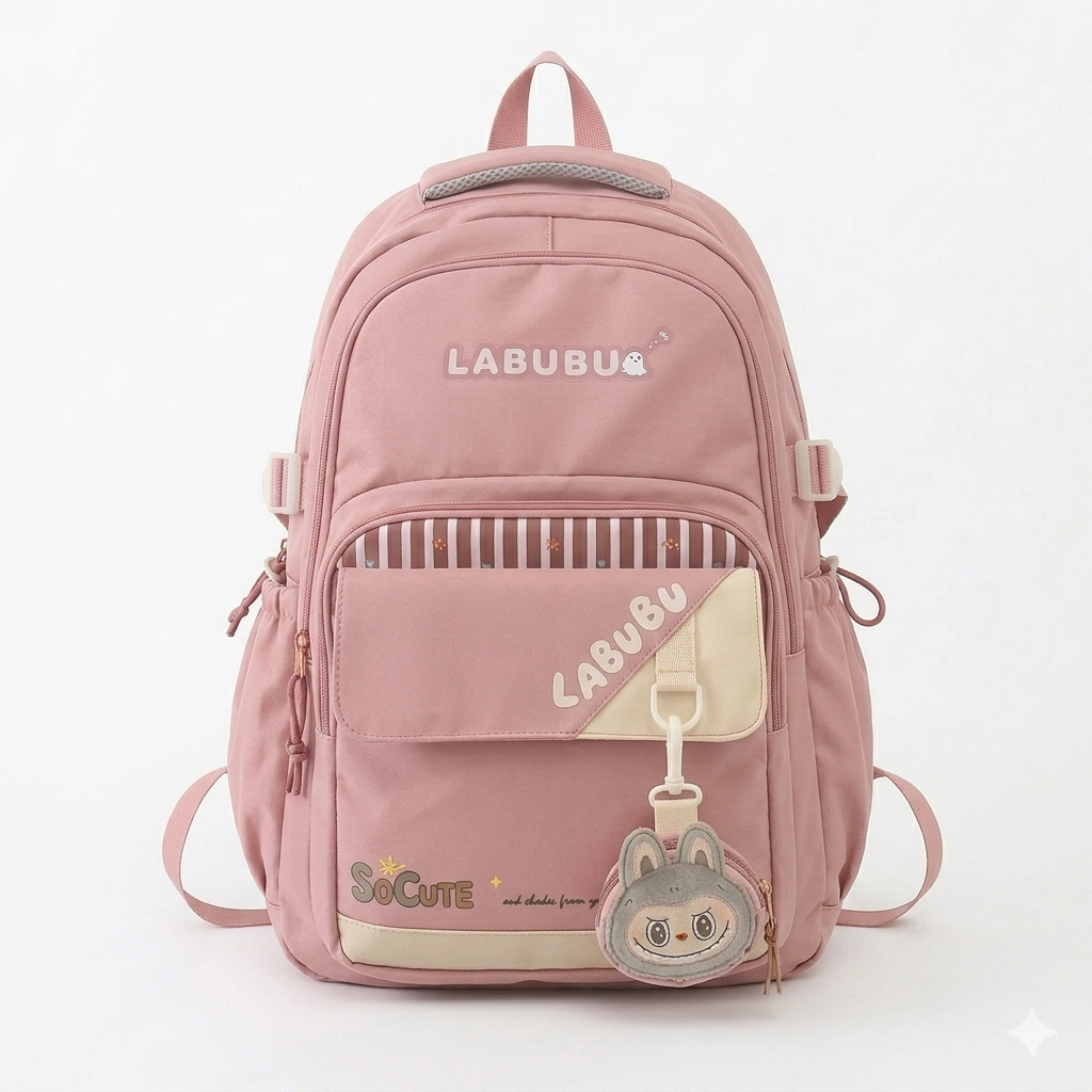 Cute Purple Labubu Backpack for Girls – 34L Water Resistant School & College Bag with Charm, Multi Compartments & Soft Fabric