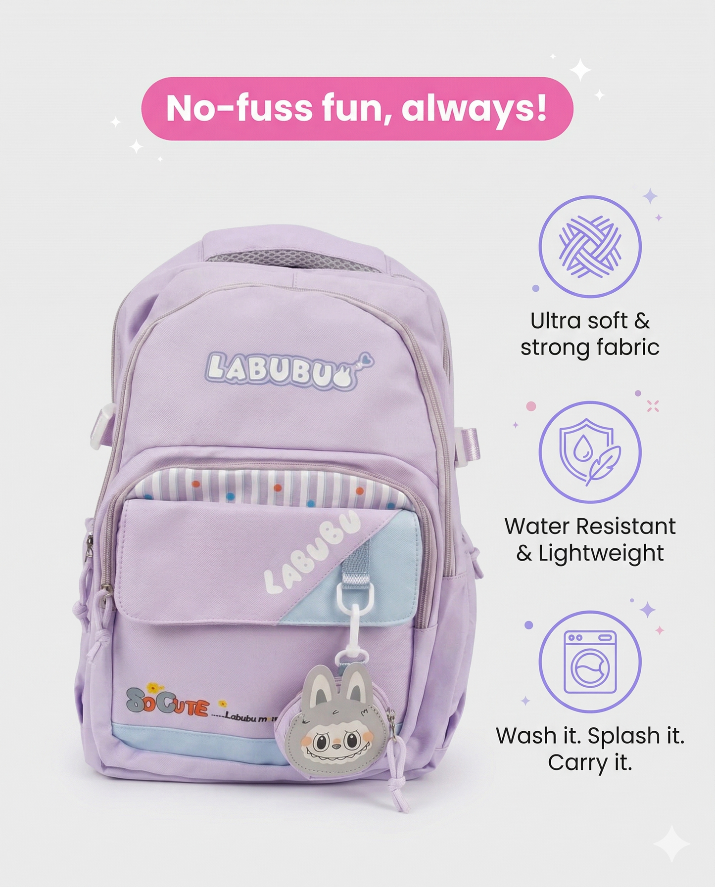 Cute Purple Labubu Backpack for Girls – 34L Water Resistant School & College Bag with Charm, Multi Compartments & Soft Fabric