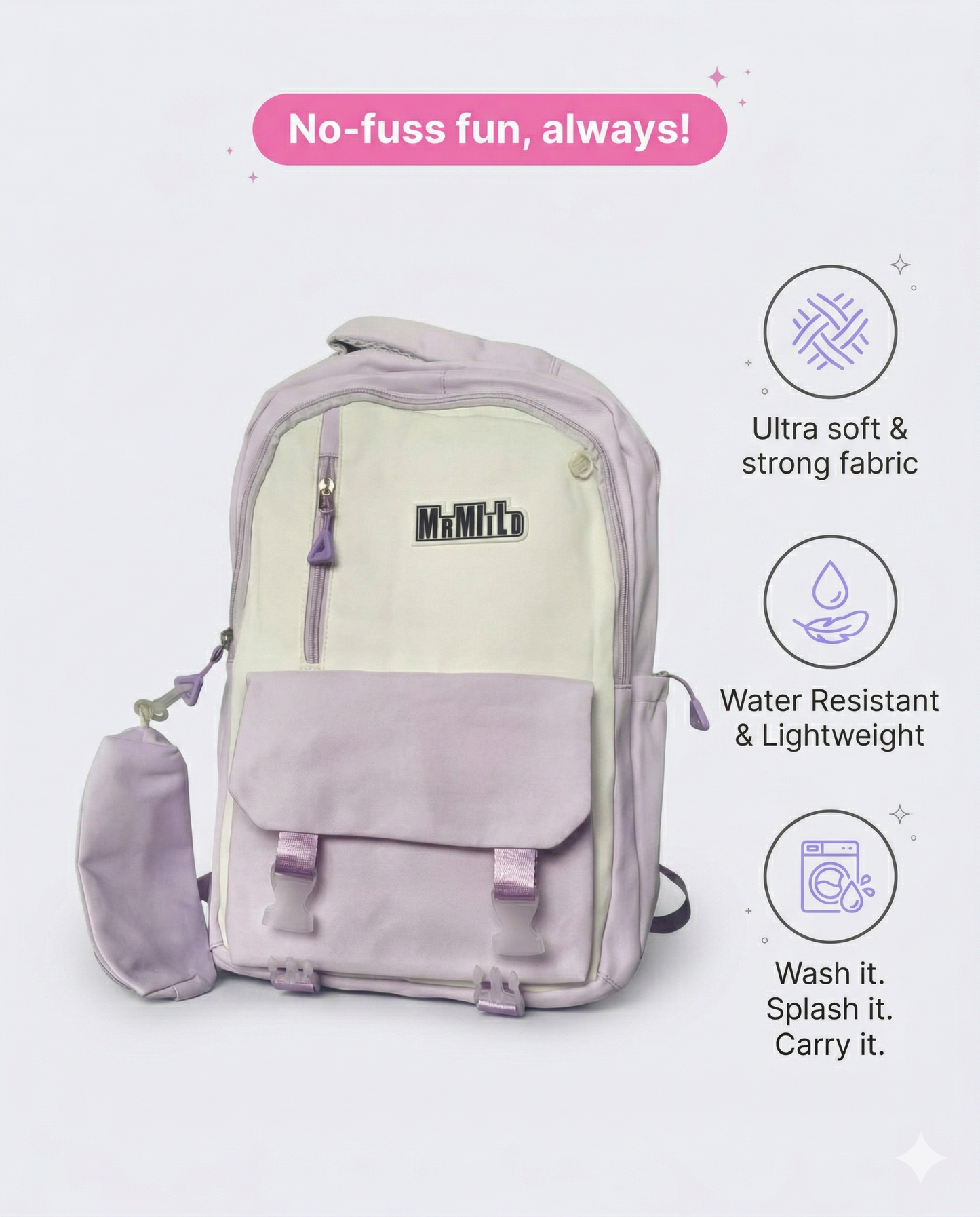 Korean Aesthetic Backpack for Girls with Detachable Pouch – Waterproof School & College Laptop Bag (34L, Purple White) (Sponsor)
