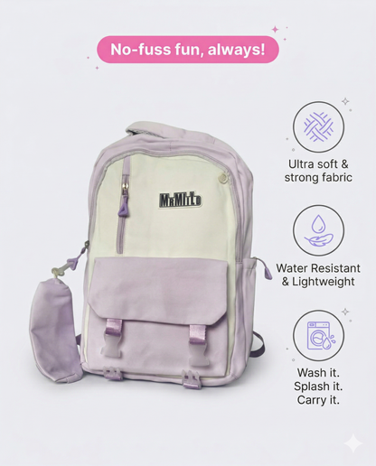 Korean Aesthetic Backpack for Girls with Detachable Pouch – Waterproof School & College Laptop Bag (34L, Purple White) (Sponsor)