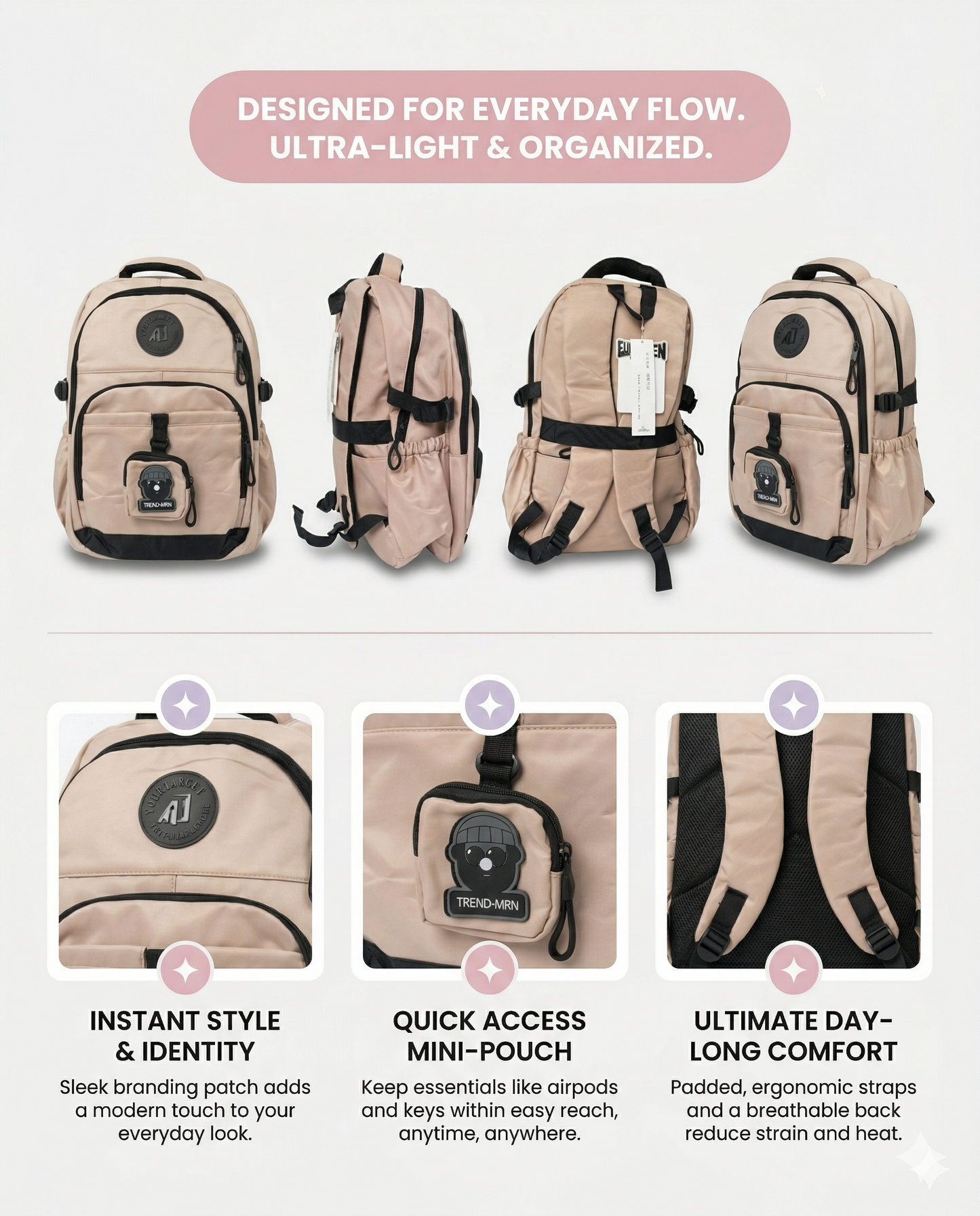 Beige Urban Backpack – Waterproof Multi-Compartment Laptop Bag (34L)