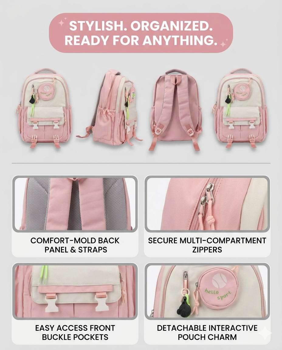 Cute Korean Aesthetic Backpack with Pouch – Waterproof School & College Bag (34L)