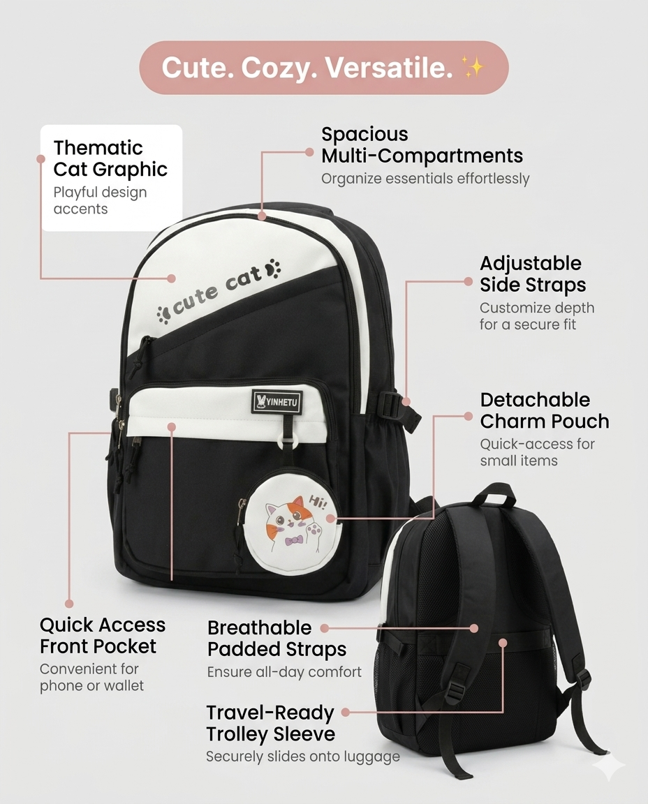 Cute Cat Korean Style Backpack for Girls – Waterproof Aesthetic School, College & Travel Bag with Multi-Compartments (30L)