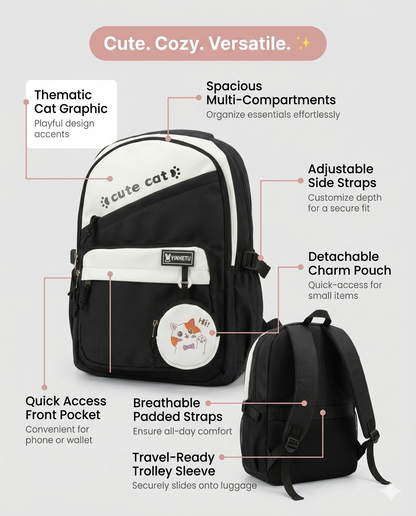 Cute Cat Korean Style Backpack for Girls – Waterproof Aesthetic School, College & Travel Bag with Multi-Compartments (30L)