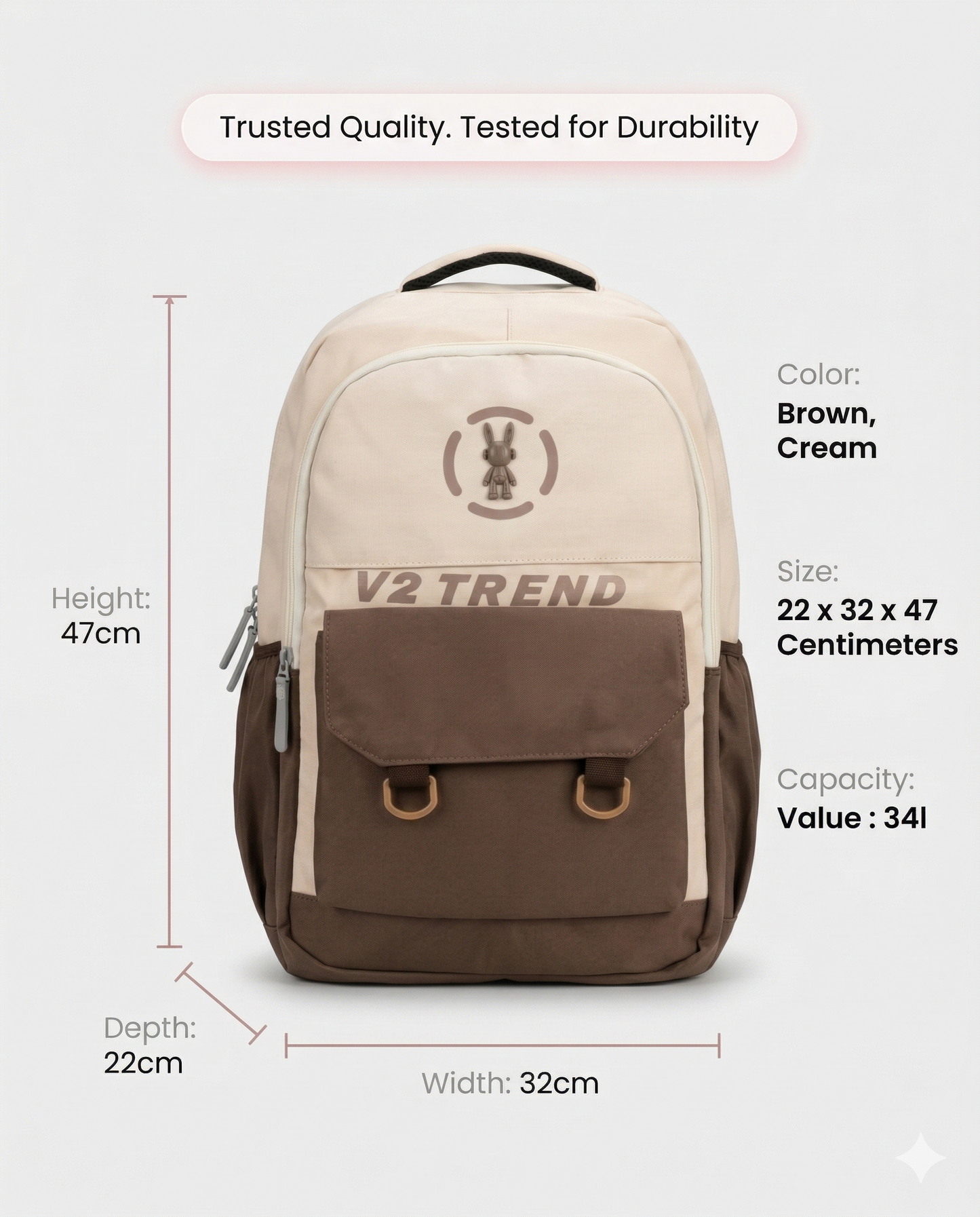 Stylish Brown Cream Backpack for Men & Women – 34L Water Resistant College & Travel Laptop Bag (V2 Trend Design)
