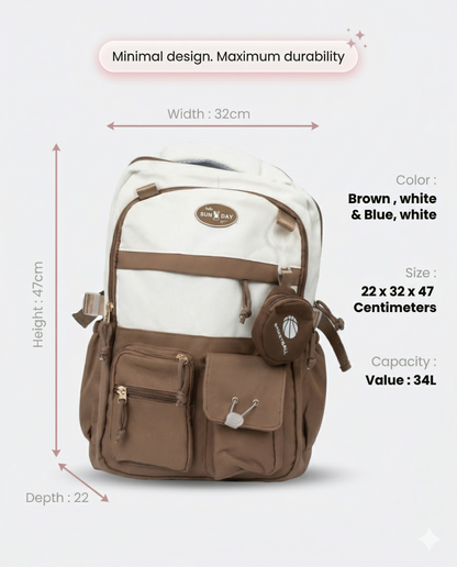 Minimal Everyday Backpack – Brown & Beige Multi Pocket Bag
